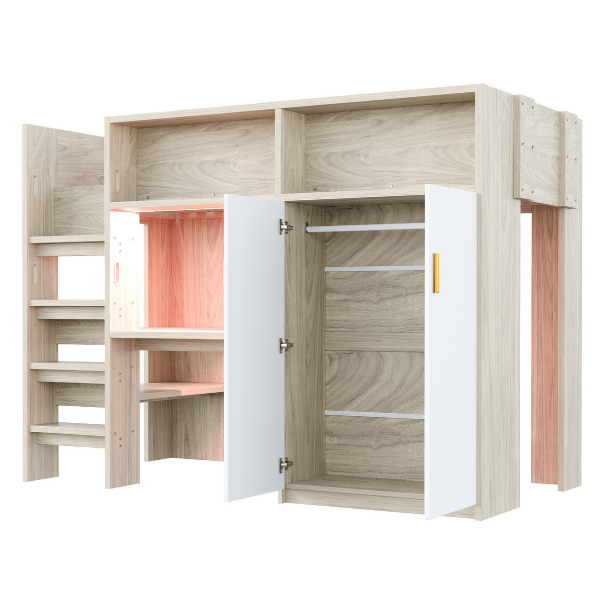 PATROVÁ postel 90/200 cm z přírodního MDF s psacím stolem, LED osvětlením a úložným prostorem - přírodní, kompozitní dřevo (90/200cm) - OKWISH