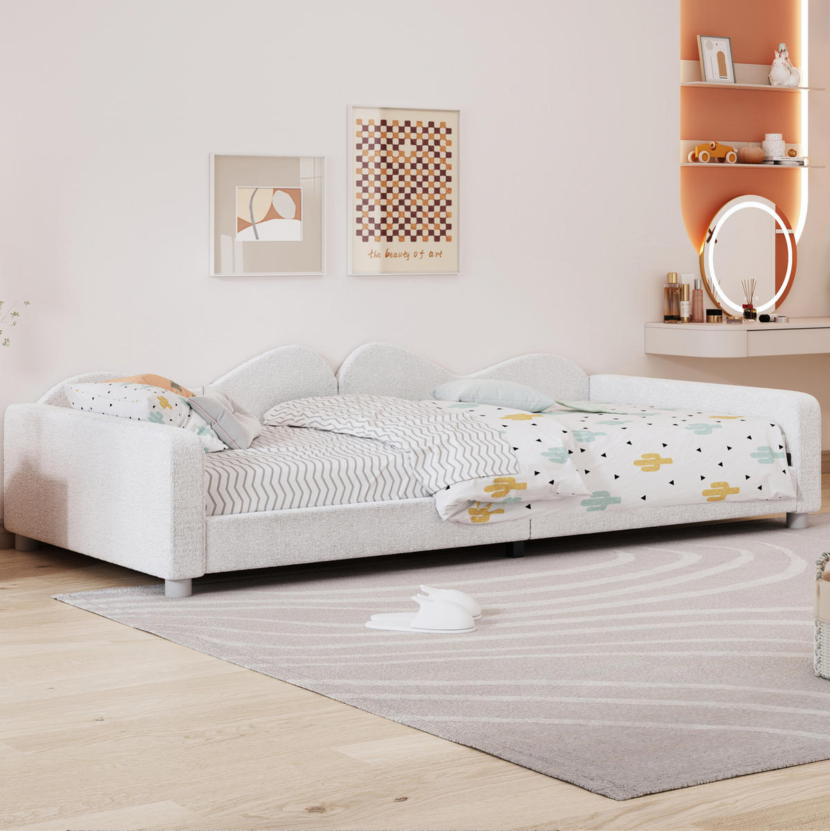KINDERBETT 90/200 cm mit Rückenlehne und Armlehnen, Teddystoff-Polsterbett als Schlafsofa, Weiß - Weiß, Textil (90/200cm) - Redom