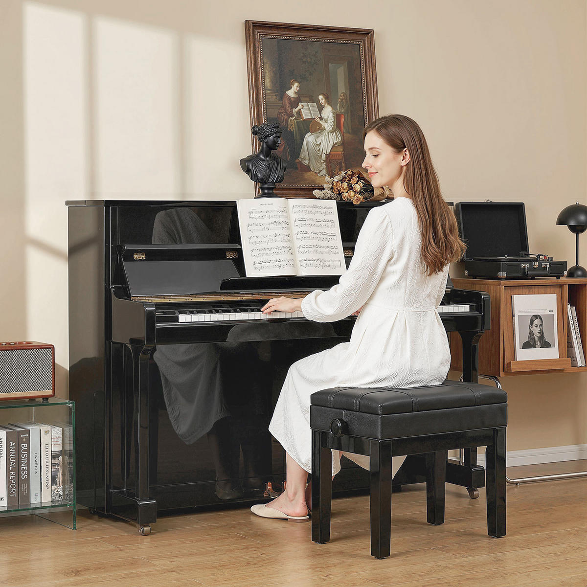 HOCKER DE-16370 höhenverstellbar mit integriertem Fach Schwarz - Schwarz, Metall (35/56/63cm) - ComfortXL