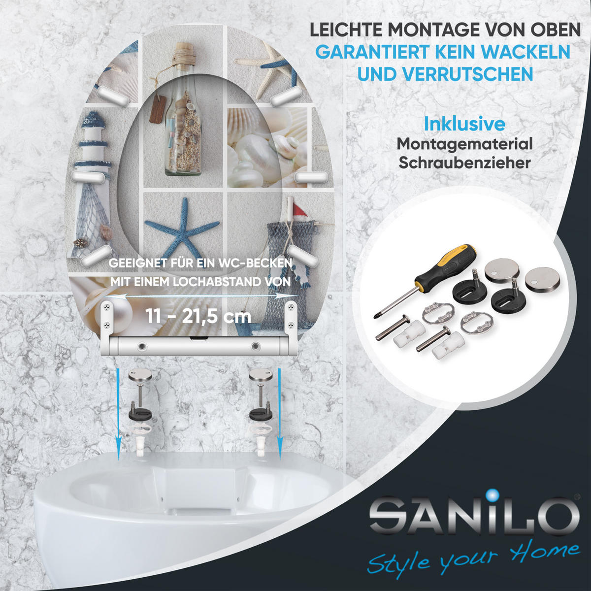WC-SITZ mit Absenkautomatik & Top Fix Meeresbrise - Blau, Holzwerkstoff (37.7/5.5/48cm) - Sanilo