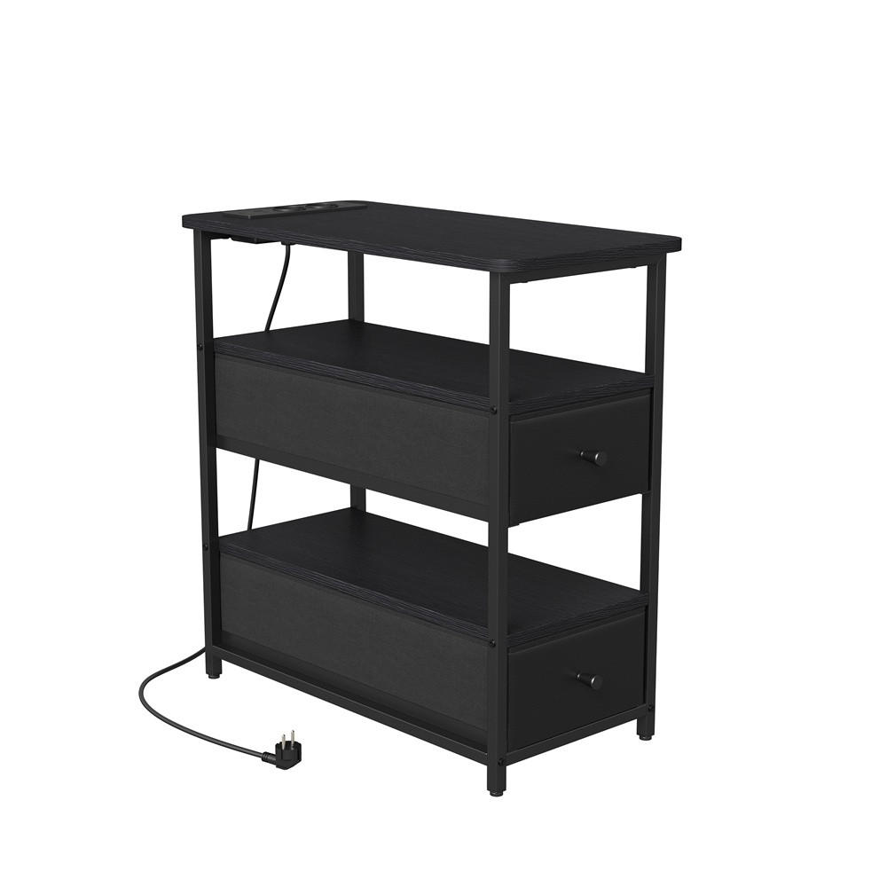 NACHTTISCH mit Ladestation & LED Beleuchtung - Schmaler Nachttisch mit offene Ablagen & 2 Schubladen - Schwarz - Schwarz, Holzwerkstoff (28/60.5/58cm) - DELFA