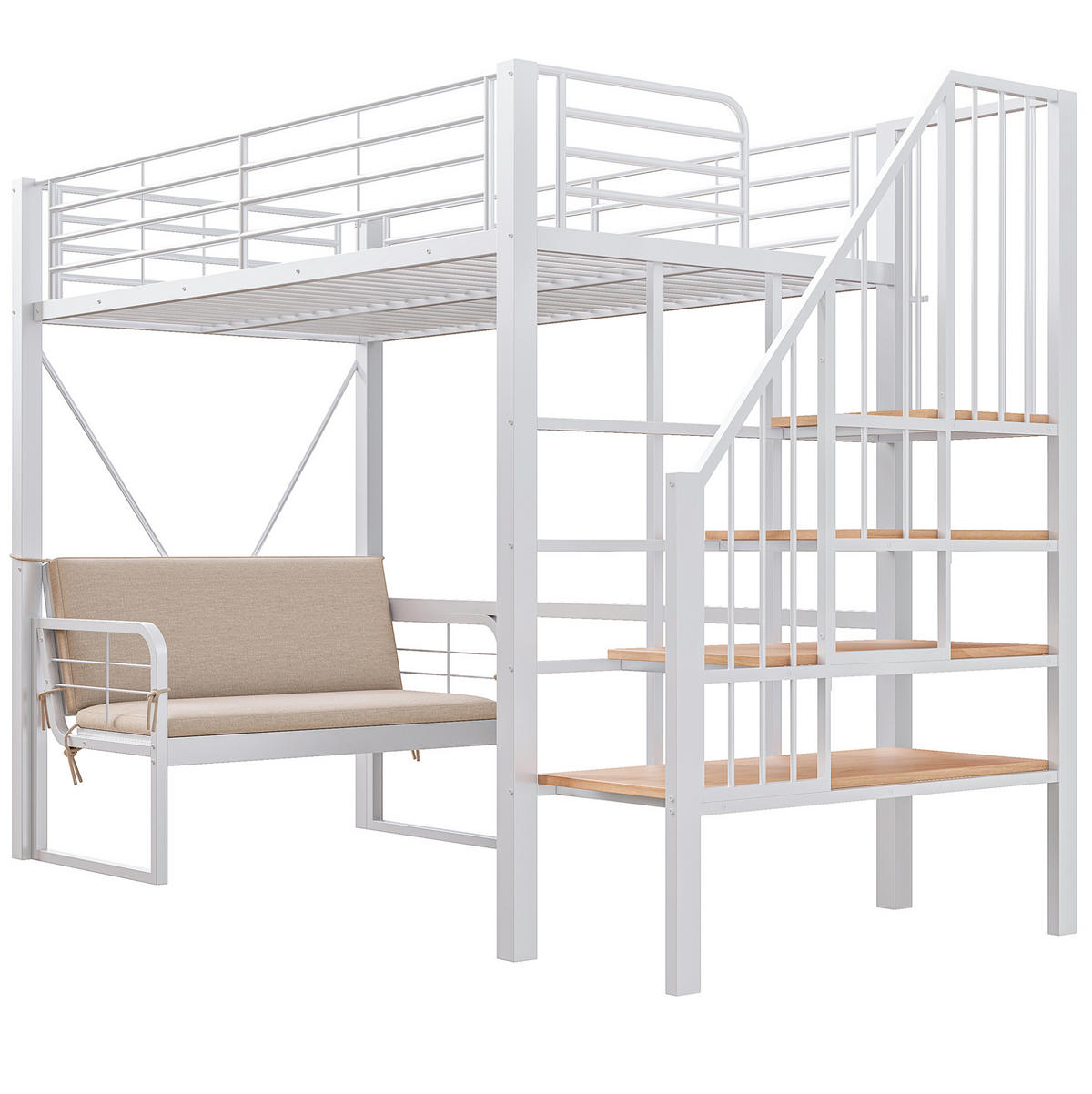 ETAGENBETT 90/200 cm mit abnehmbarem Polstersofa, Stauraumtreppe und Metall-Rahmen, Weiß - Weiß, Holzwerkstoff (90/200cm) - Redom