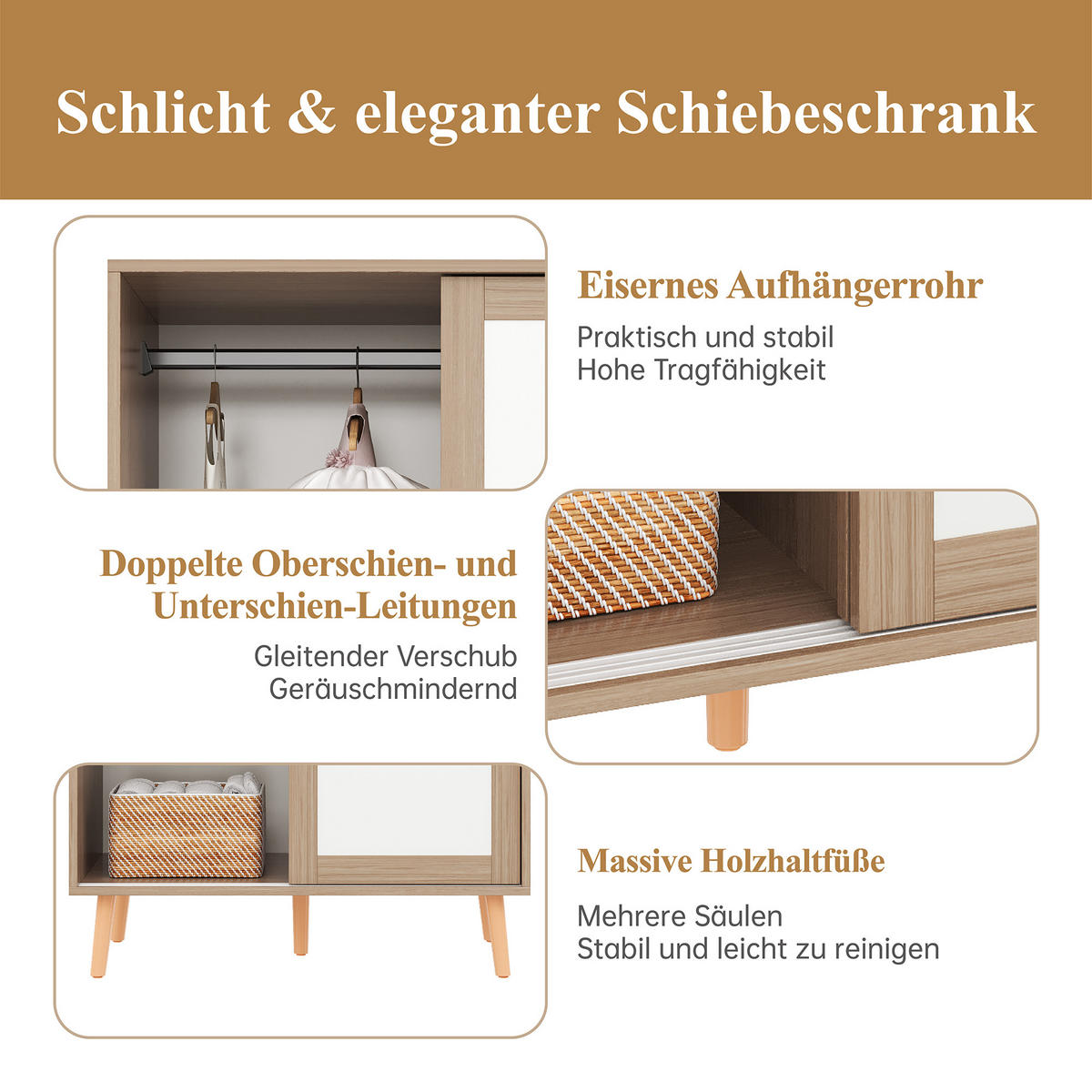 KINDER-KLEIDERSCHRANK 80x46x141.5cm Weiß + Natur Schiebetüren Massivholzfüße - Multicolor, Holz (46/141.5/80cm) - FLIEKS