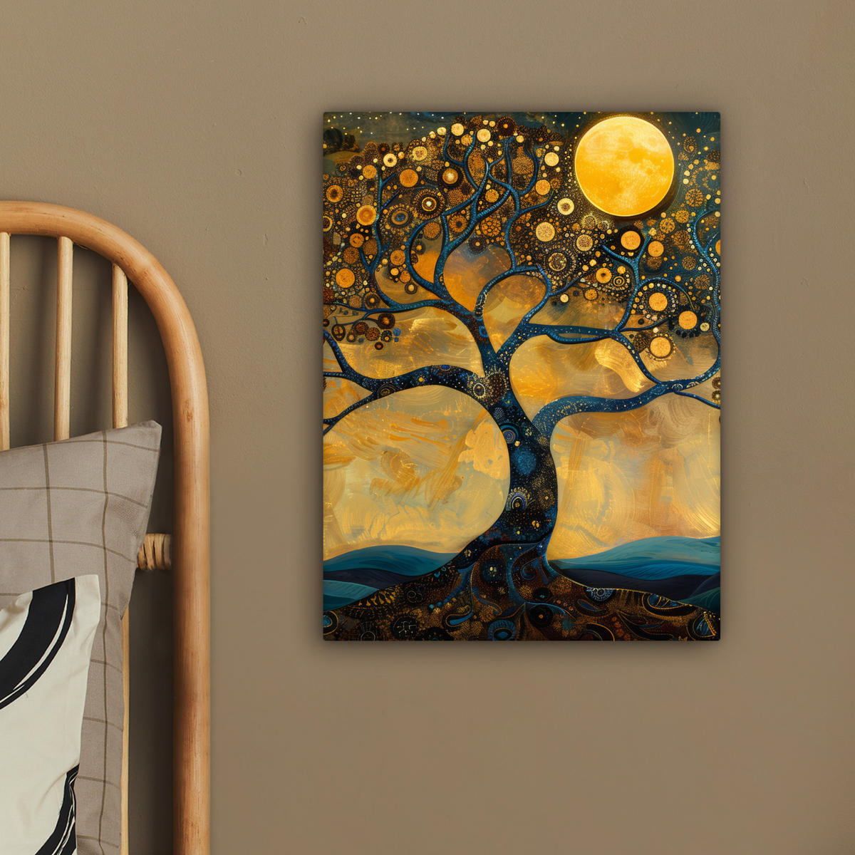 LEINWANDBILD Baum - Mond - Blumen - Gold - Kunst 30x40 cm - Orange, Textil (30/40cm) - MuchoWow