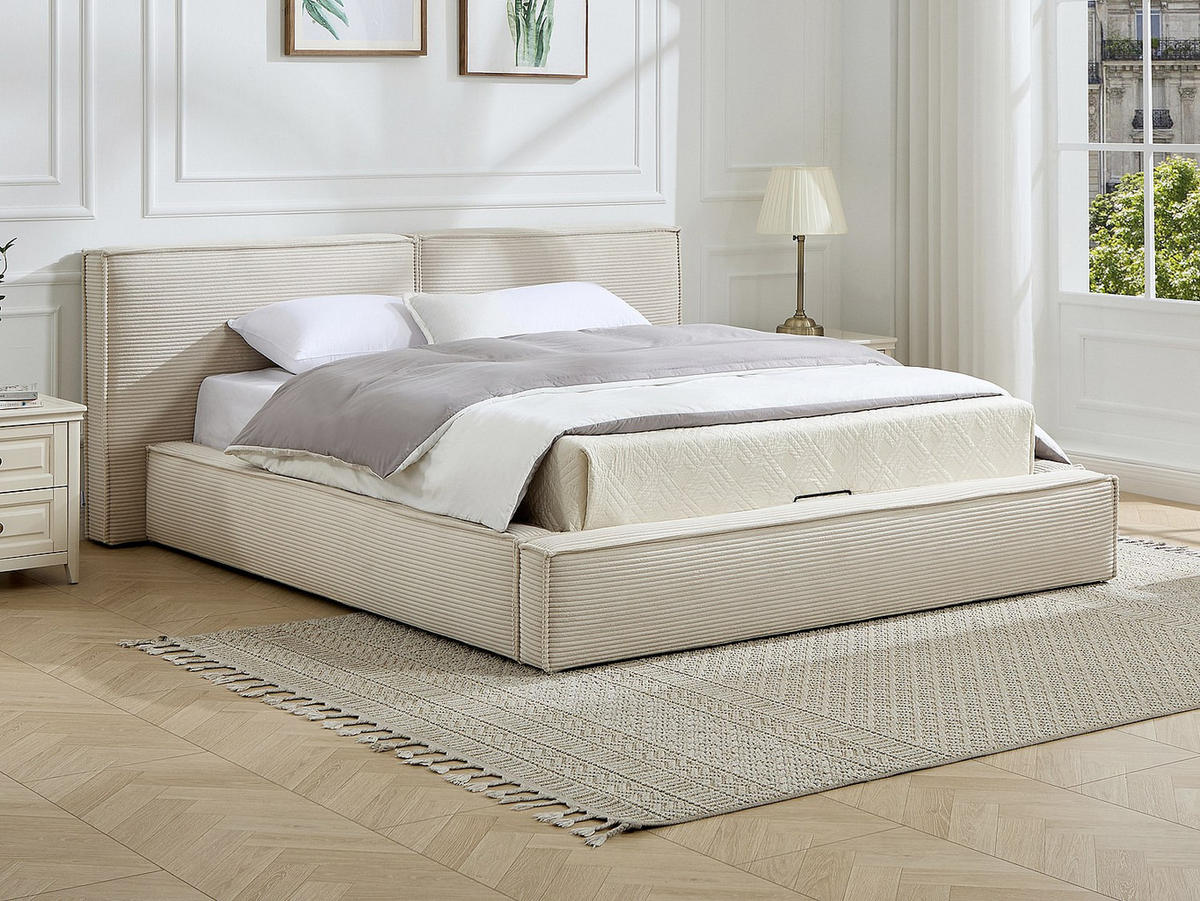 BETT mit Bettkasten - 2 Personen - Samt, Stoff - Beige - - Beige, Textil (160/200cm) - Vente-Unique