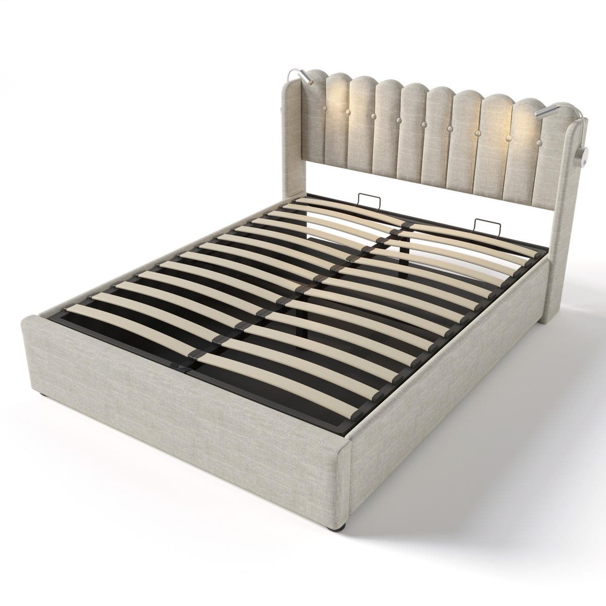 POLSTERBETT 140/200 cm Leinen Grau mit Leselicht und Ladefunktion Ohne Matratze - Naturfarben, Textil (140/200cm) - OKWISH