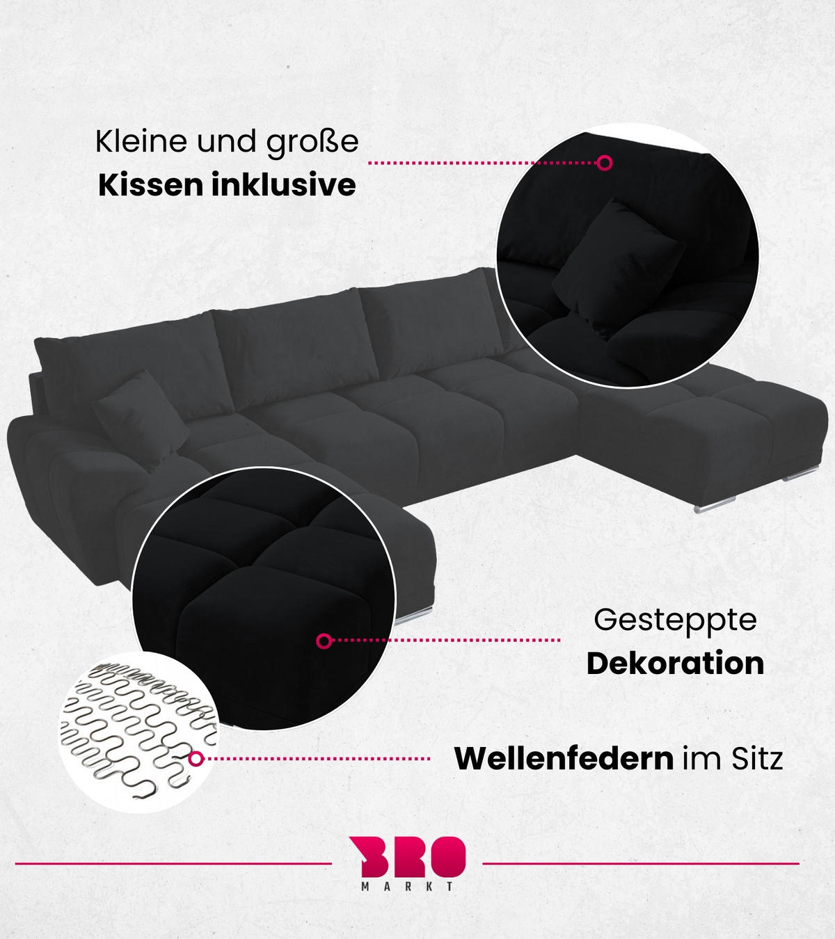 WOHNLANDSCHAFT Nubes mit Schlaffunktion Graphit Plüsch - Silberfarben/Graphitfarben, Kunststoff/Textil (372/85/184cm) - Bromarkt