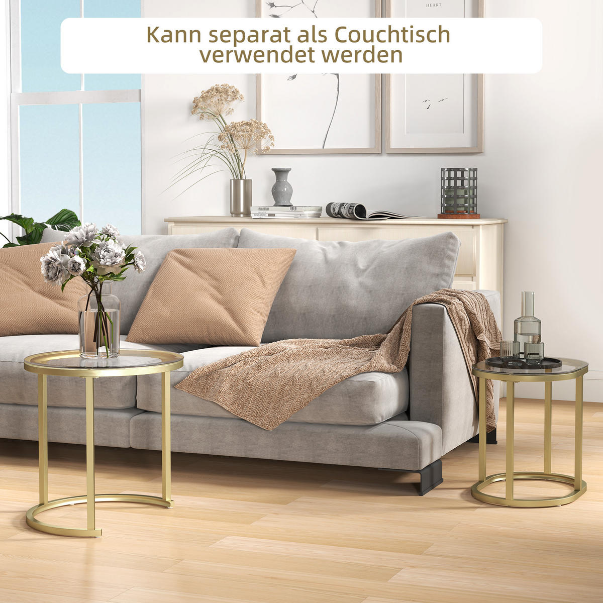COUCHTISCH rund 2er Set Stapelbarer Beistelltisch mit Stahlrahmen für Wohnzimmer - Goldfarben, Metall (50/50/50.5cm) - HOMCOM
