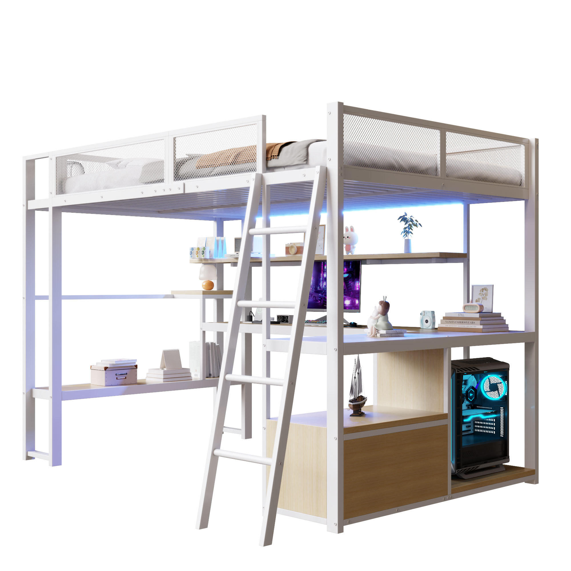 HOCHBETT 140/200 cm in Weiß mit Schreibtisch, LED und Stauraum aus Metall - Weiß, Metall (140/200cm) - CHICFURN