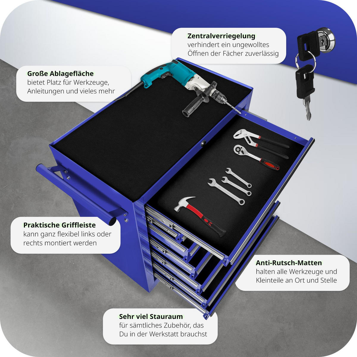 WERKZEUGWAGEN ,Rollen Ø 100 mm,blau - Blau, Metall (33/79/69cm) - tectake