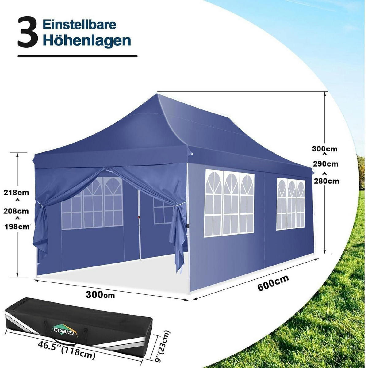 FALTPAVILLON 3x6m Wasserdicht Dunkelblau - Blau, Textil (300/300/600cm)