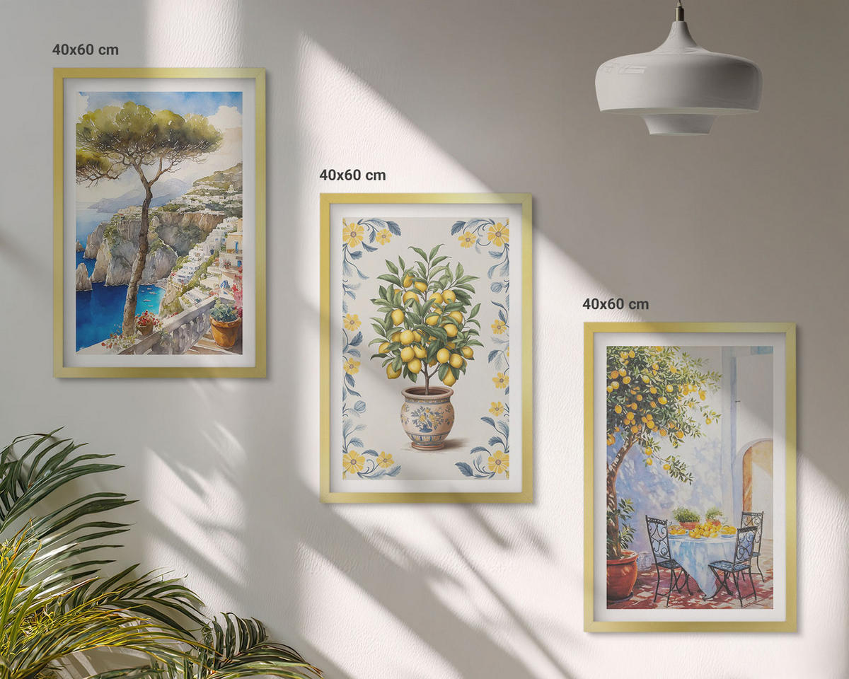 WANDBILDER 3er Set - 40x60 cm Goldrahmen - Gemälde von Zitronenbäumen - Goldfarben, Kunststoff (40/60cm) - ArtPrintCave