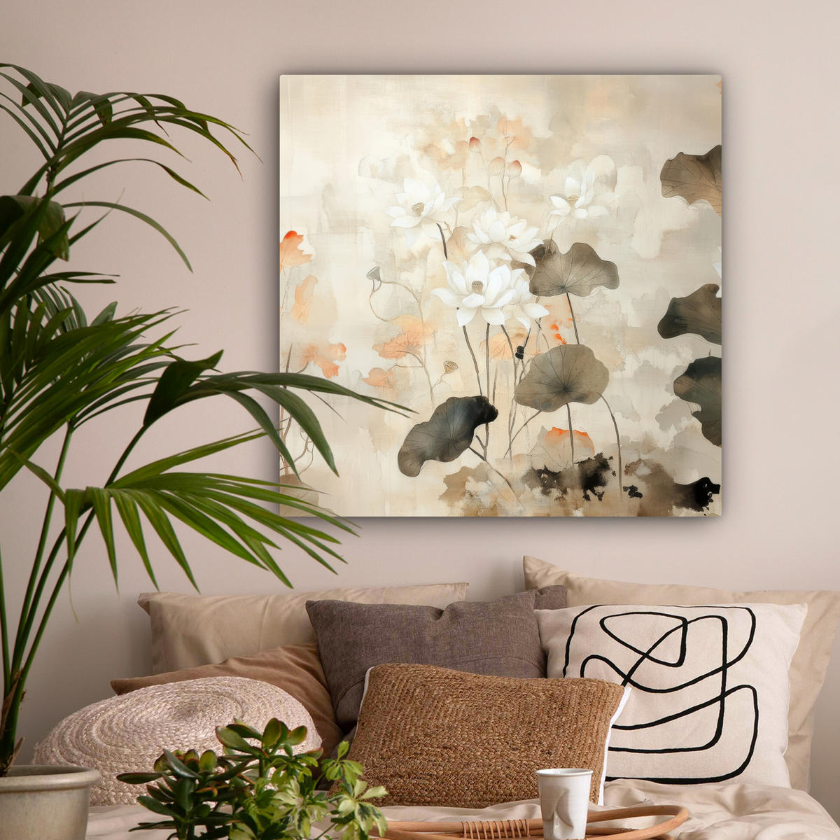 LEINWANDBILD Blumen - Japandi - Wabi sabi Deko Groß 90x90 cm - Sandfarben, Textil (90/90cm) - MuchoWow