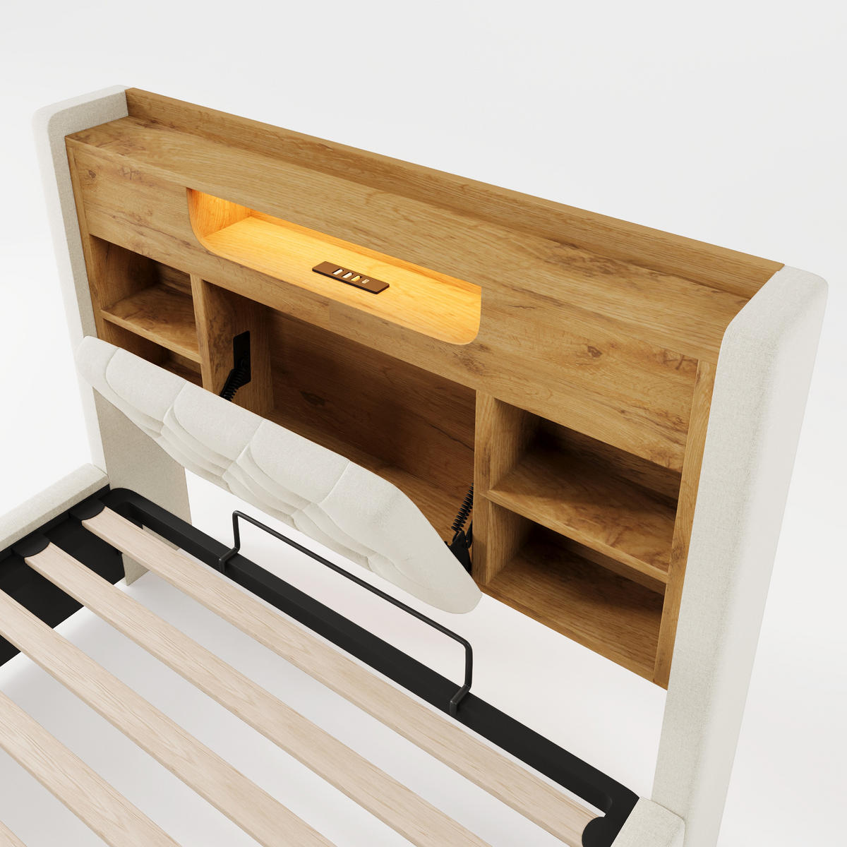 POLSTERBETT 90/200 cm in Beige Leinen mit Bettkasten, LED und USB-C - Beige, Holzwerkstoff/Textil (90/200cm) - WISHDOR