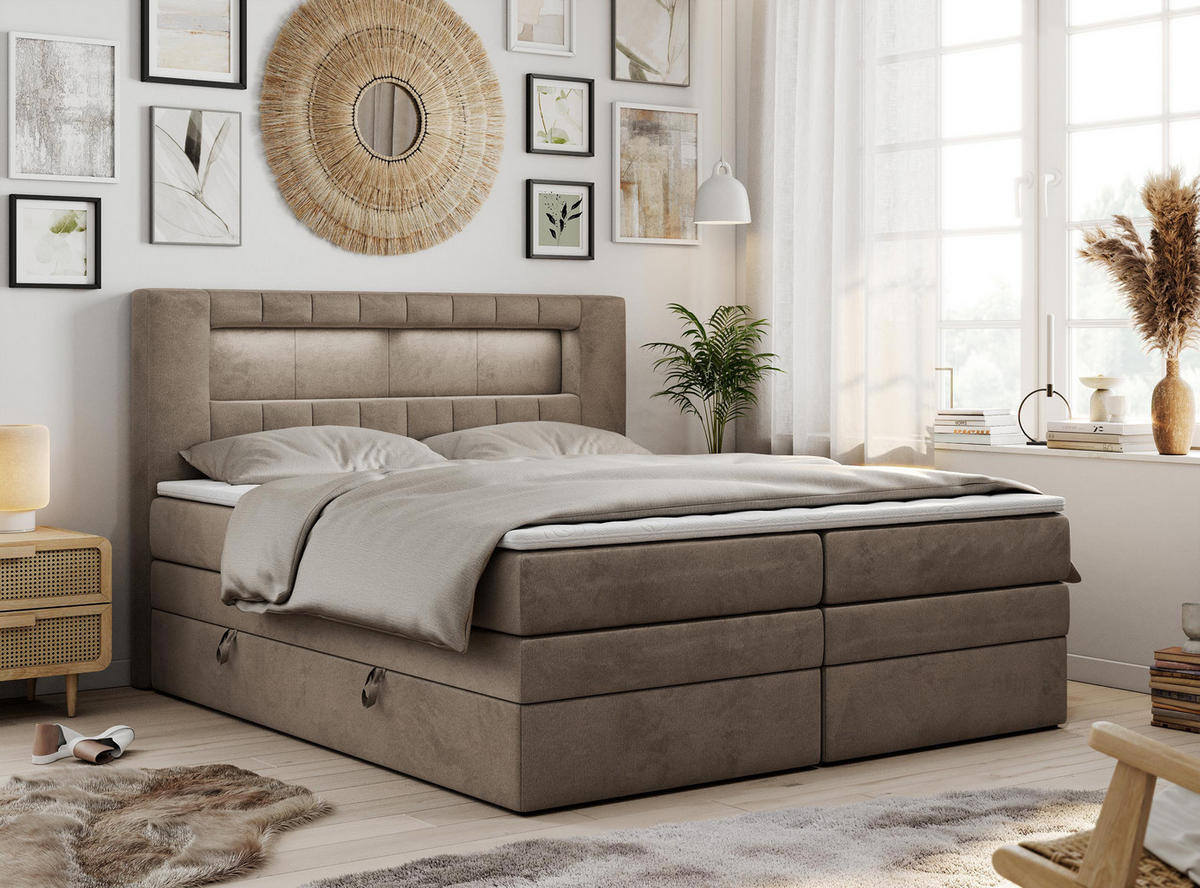 BOXSPRINGBETT GOLD-5 KING LED 160/200 Braun Velvet - H3 - Braun, Holz/Textil (160/200cm) - MKS