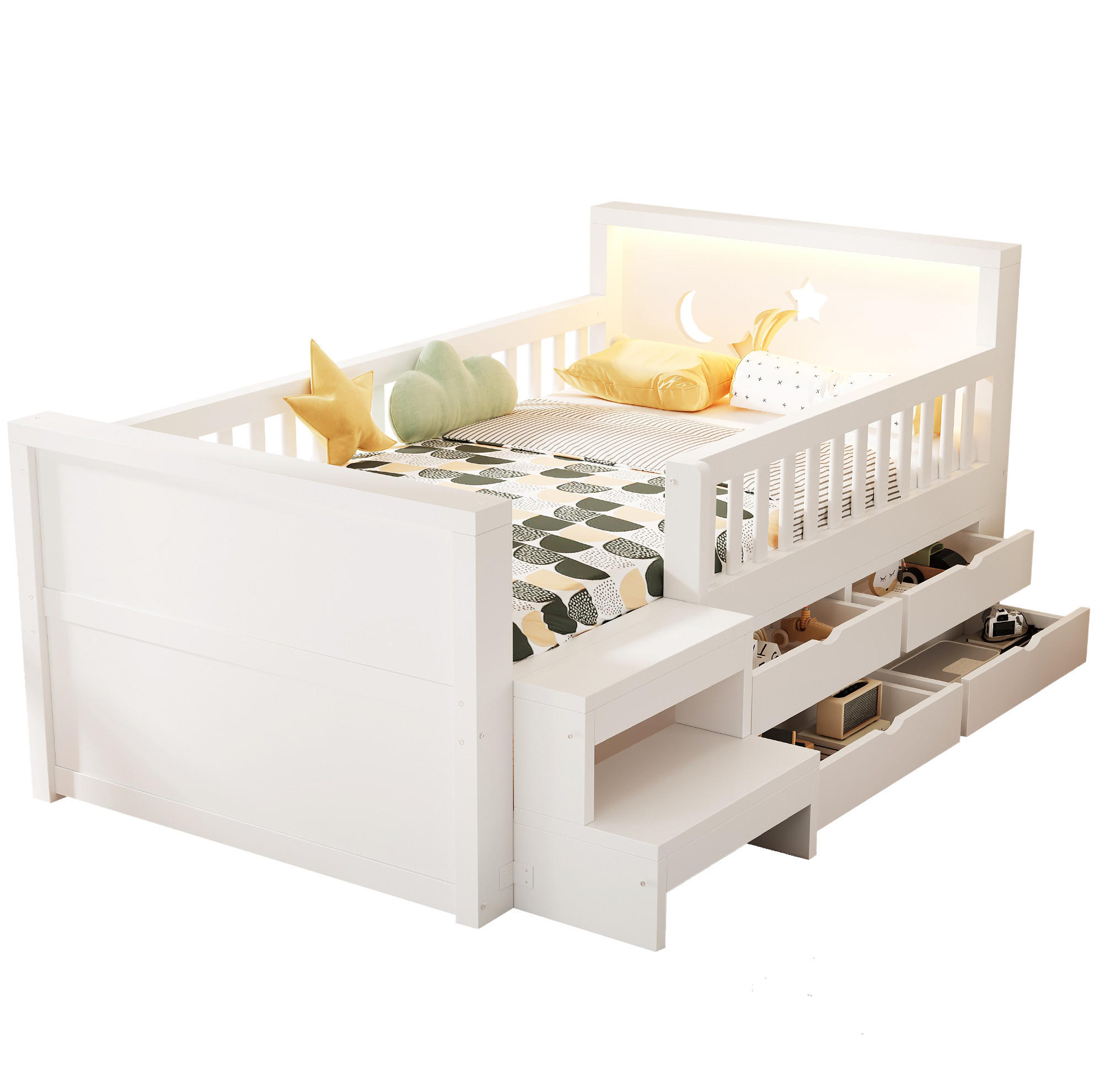 KINDERBETT Holz 90x200 cm Weiß mit LED, Sicherheitsgitter, Stufen und 4 Schubladen - Weiß, Holz (90/200cm) - Modfu