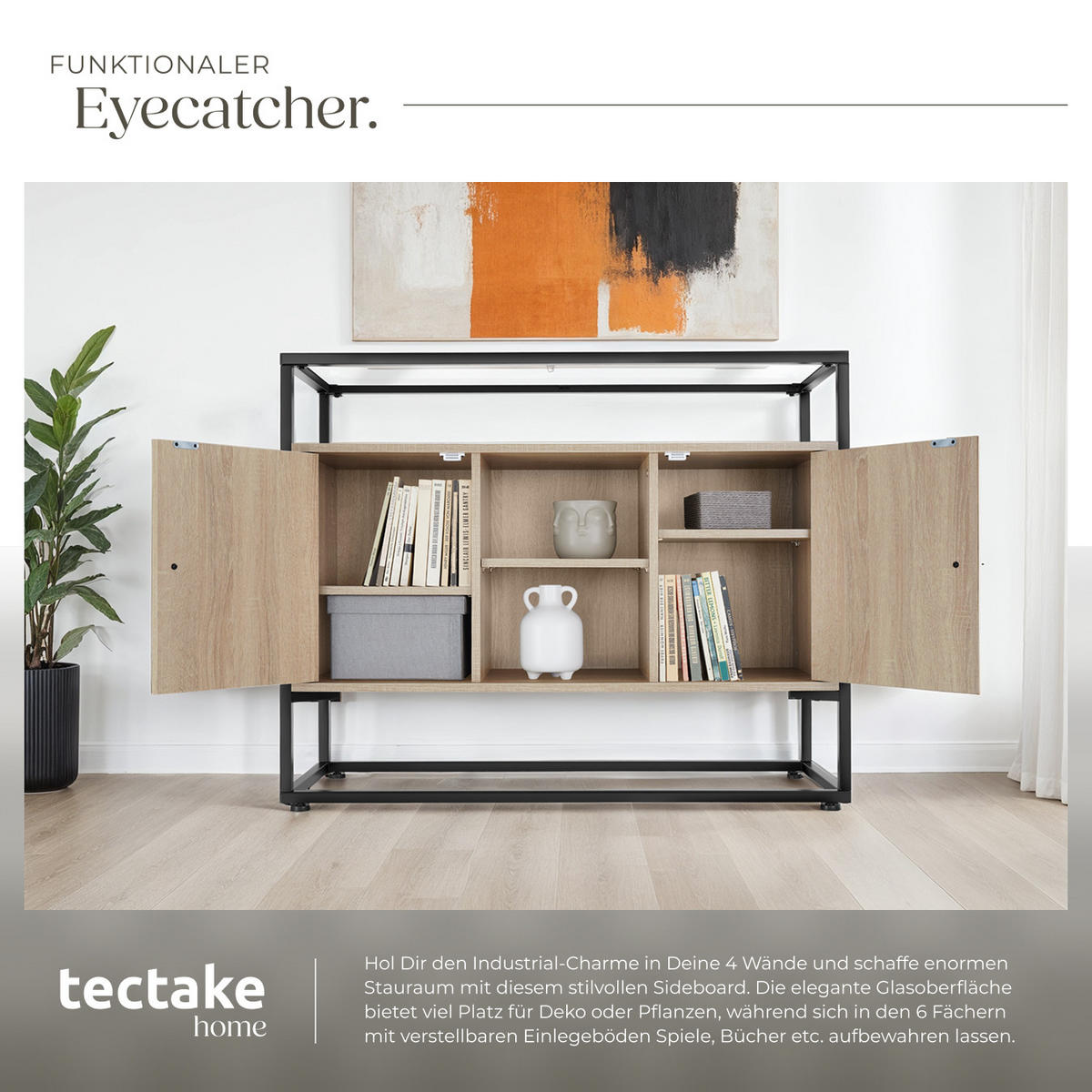 SIDEBOARD Oldham,100 x 38 x 80,5 cm,Industrial Holz hell, Eiche Sonoma - Naturfarben, Holzwerkstoff (38/80.5/100cm) - tectake