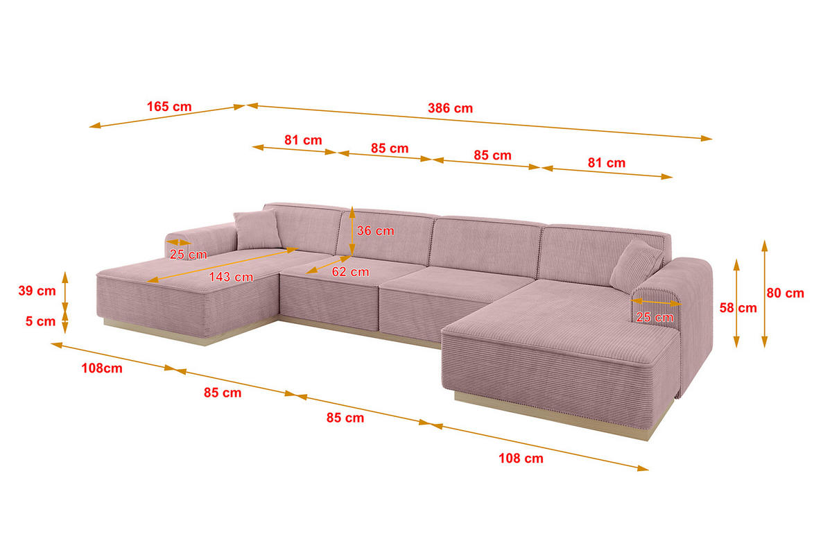 WOHNLANDSCHAFT IREA-U2 - 386x165x80 cm Rosa - Rosa, Holzwerkstoff/Textil (386/80/165cm) - ALTDECOR