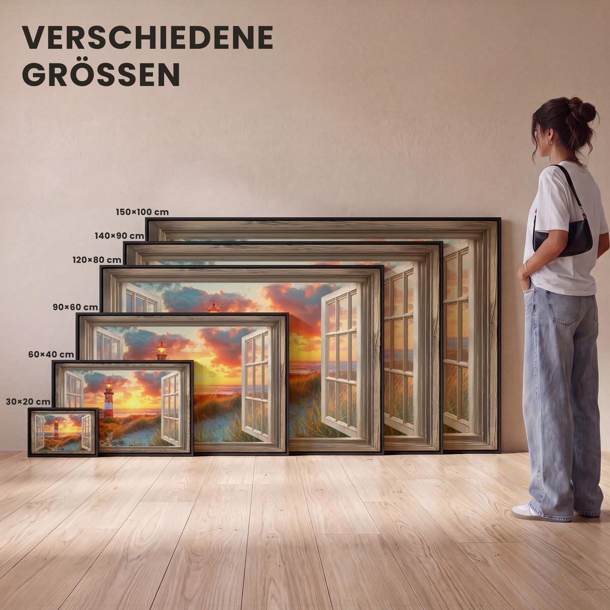 LEINWAND Bilder mit Rahmen - Aussicht - Fenster - Leuchtturm - Sonnenuntergang - Strand - 60x40 - Dunkelorange, Textil (60/40cm) - MuchoWow