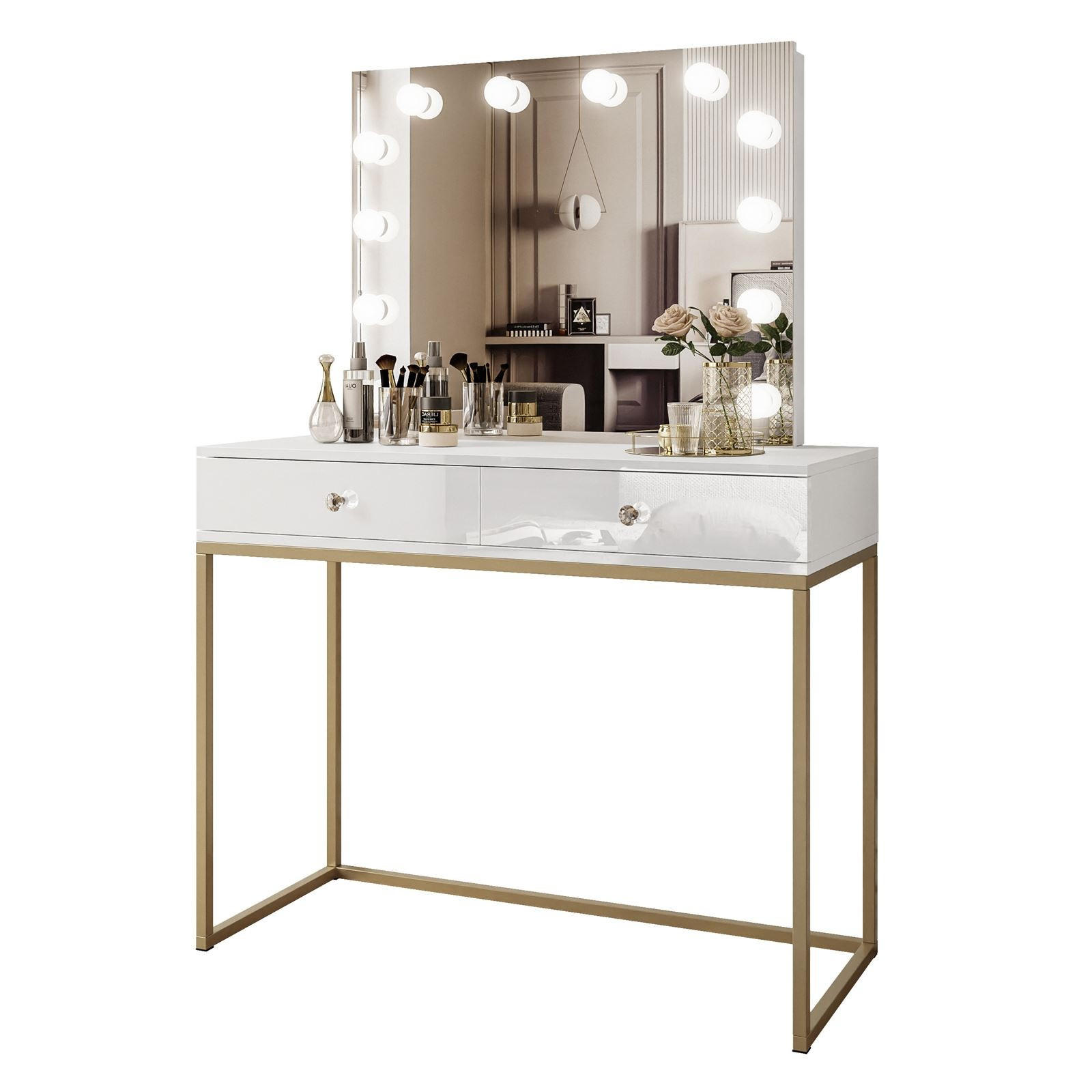 SCHMINKTISCH BLANCO GOLD ELITE mit Spiegel und Beleuchtung Weiß Hochglanz Kristallgriff - Weiß Hochglanz/Goldfarben, Holzwerkstoff (100/146/42cm) - Lookway