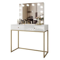 SCHMINKTISCH BLANCO GOLD ELITE mit Spiegel und Beleuchtung Weiß Hochglanz Kristallgriff - Weiß Hochglanz/Goldfarben, Holzwerkstoff (100/146/42cm) - Lookway