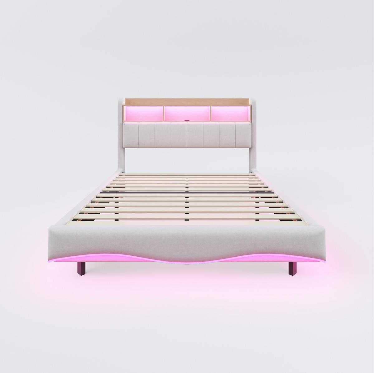 ČALÚNENÁ posteľ z látky 160x200 cm béžová s LED osvetlením, USB a USB-C, odkladacím priestorom - béžová, textil (160/200cm) - Modfu