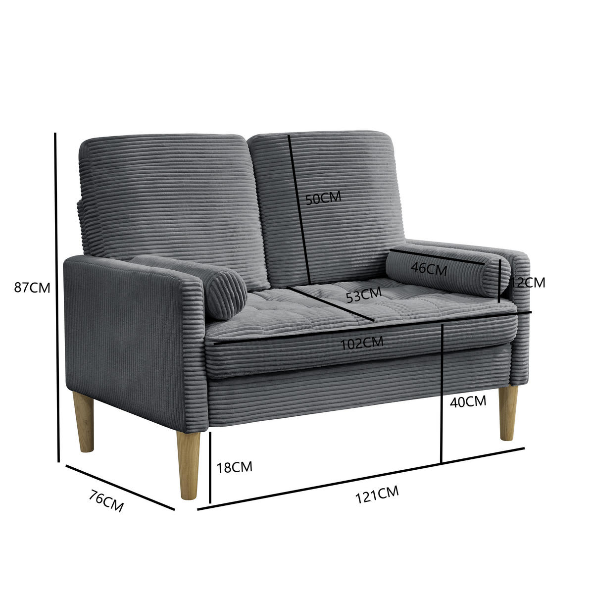 2-SITZER SOFA Cord Grau - Grau, Holz/Holzwerkstoff (121/87/76cm) - WISHDOR