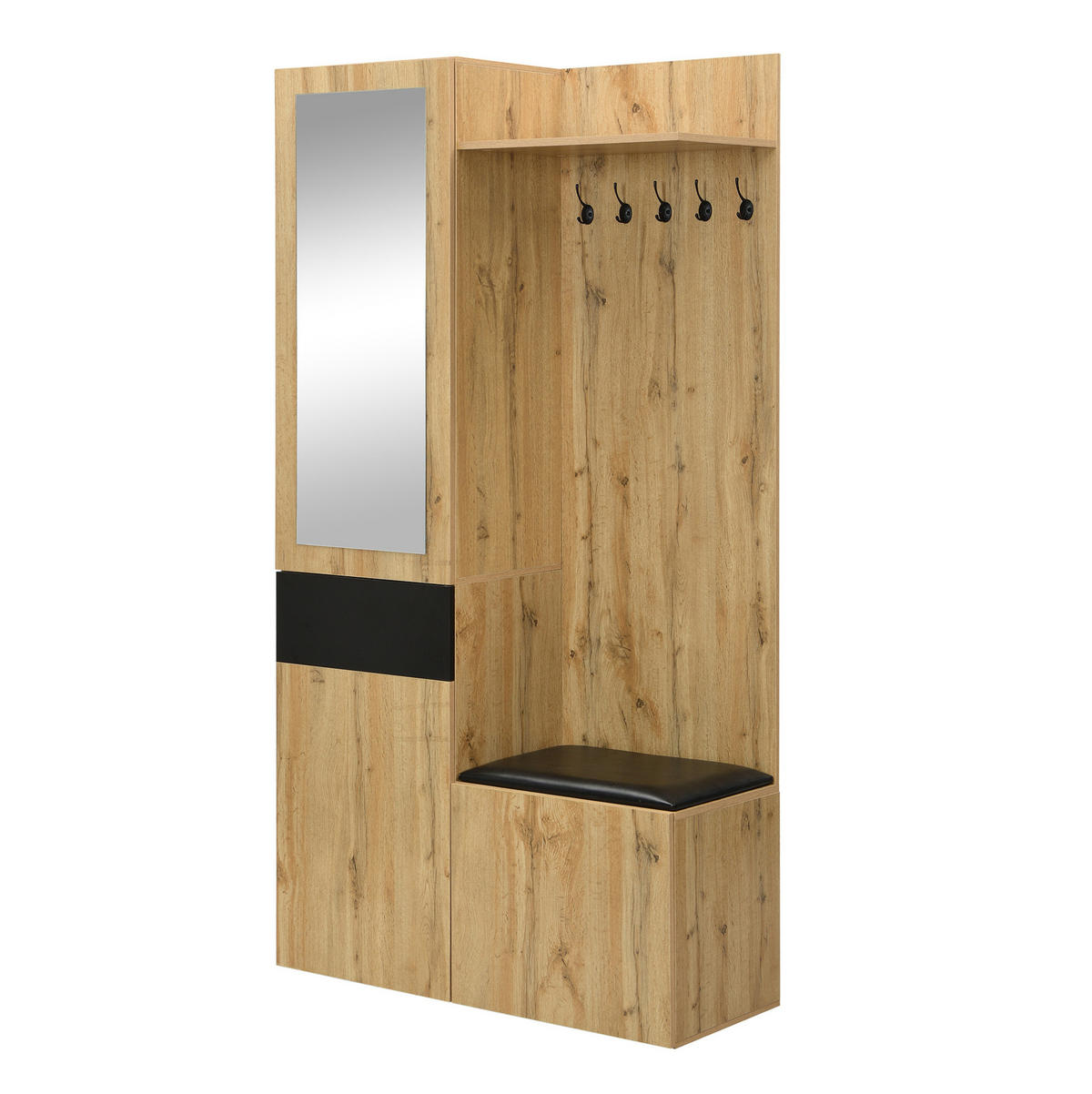 GARDEROBENSET 98,5/38/191 cm aus MDF mit Spiegel und Schuhschränken Schwarz/Natur - Schwarz, Holzwerkstoff (98.5/191/38cm) - Modenvie