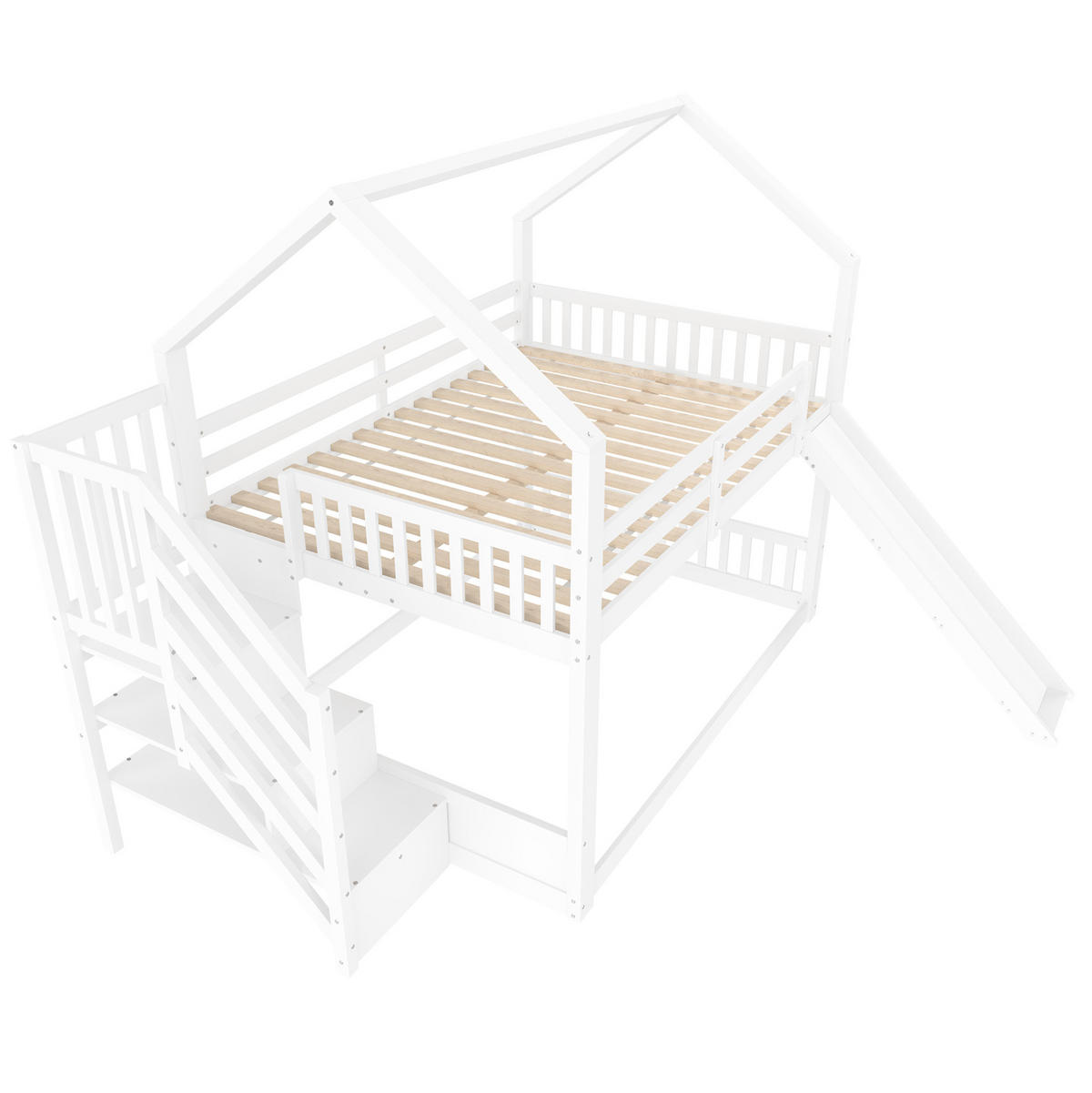 ETAGENBETT aus Kiefernholz und MDF 140x200 cm Weiß mit Stauraumtreppe und Rutsche - Weiß, Holzwerkstoff (140/200cm) - IVMEU