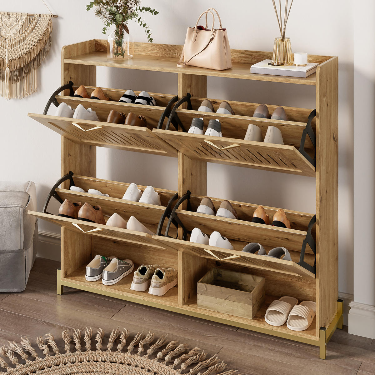 SCHUHSCHRANK 4 Türen Vertikale Lamellentüren Metallrahmen Ablage - Naturfarben, Holzwerkstoff (24/100/108.5cm) - FLIEKS