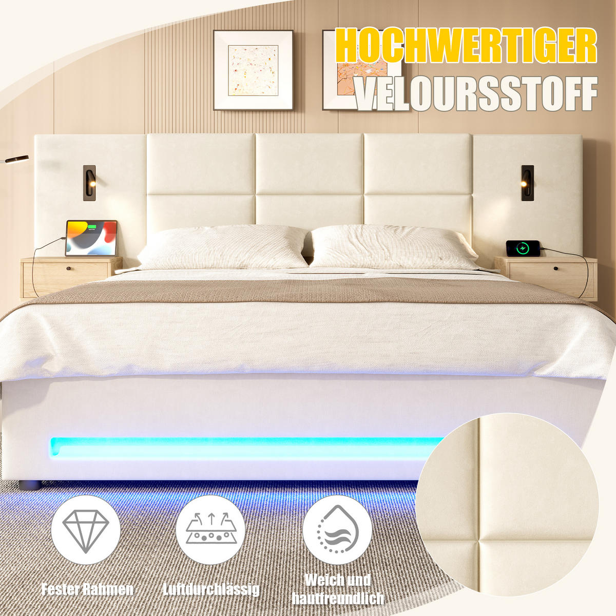 POLSTERBETT 180/200 cm in Beige Samt mit Stauraum, LED und USB-C - Beige, Holzwerkstoff/Textil (180/200cm) - CHICFURN