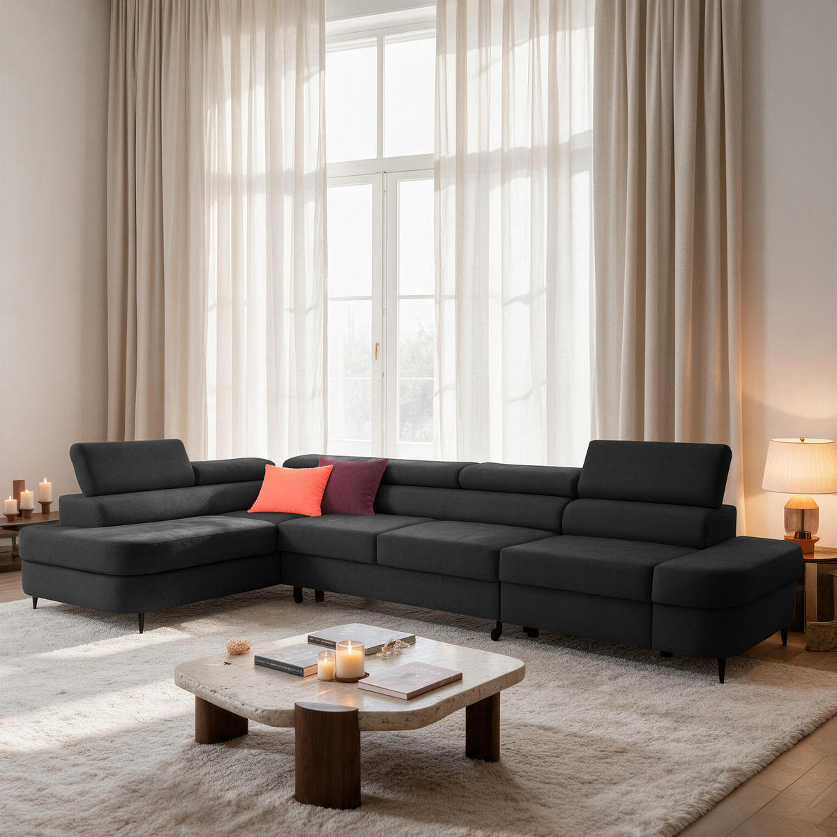 ECKSOFA PRIAM MAXI L-Form Links mit Schlaffunktion 125x195 Velours Anthrazit - Anthrazit/Schwarz, Holz/Textil (203/350cm) - Muffo