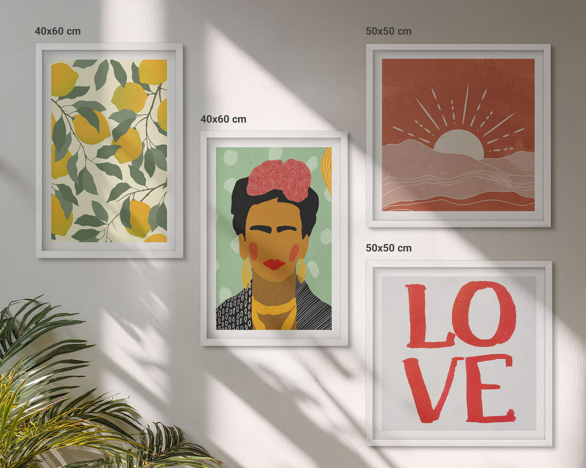 BILDER SET 4er Set - 50x50 cm & 40x60 cm Weißer Rahmen - Zitronen Inschrift Liebeslandschaft Frida - Weiß, Kunststoff (50/50cm) - TULUP