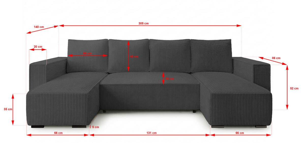 WOHNLANDSCHAFT CUDDY Umit Schlaffunktion und Bettkasten, Farbe: Dunkelgrau, Cordstoff - Dunkelgrau, Textil (305/85/140cm) - Storez24