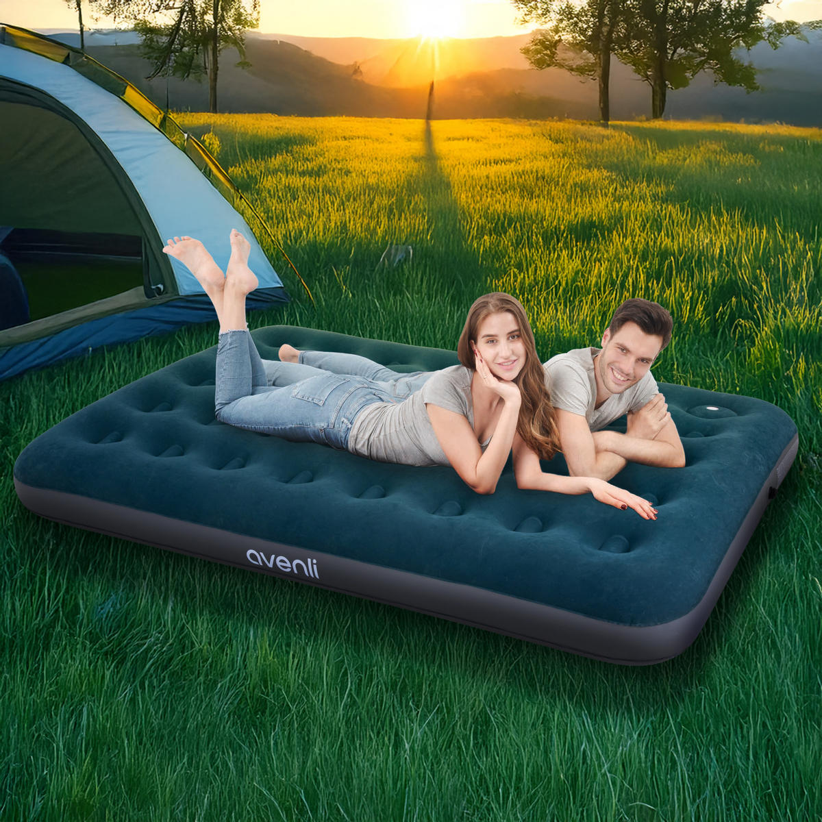 LUFTBETT Luftmatratze Camping 2 Personen 191x137x22cm aufblasbar mit Fußpumpe - Blau, Kunststoff (137/191cm) - Avenli