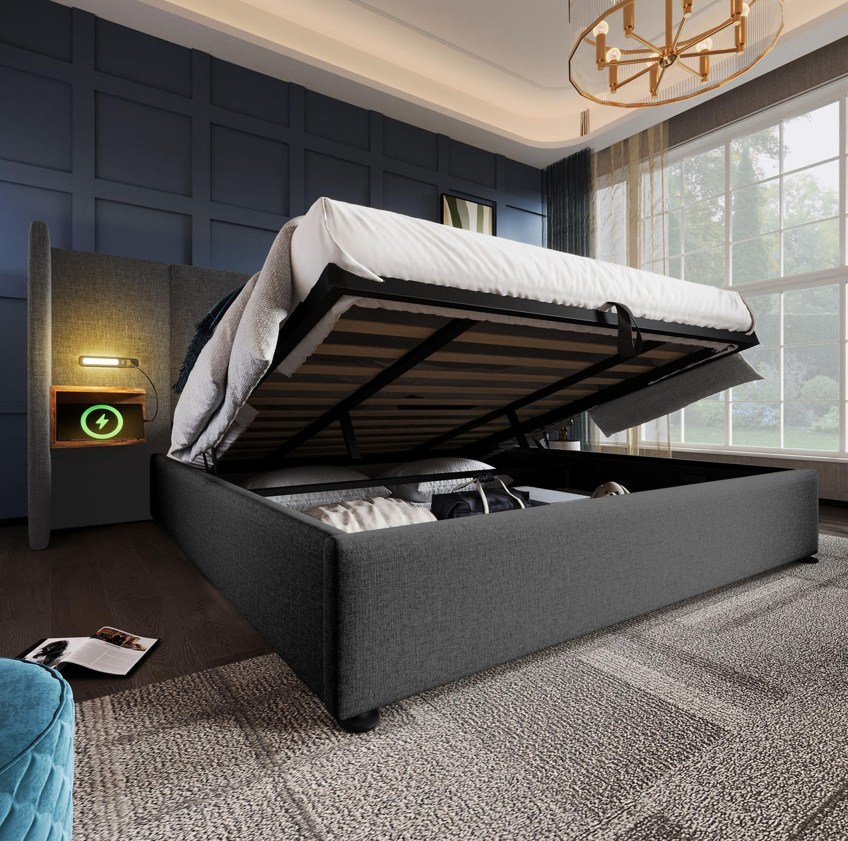 POLSTERBETT 180/200 cm Grau mit Stauraum und Leselampe mit USB-Anschlüssen - Grau, Textil (180/200cm) - OKWISH