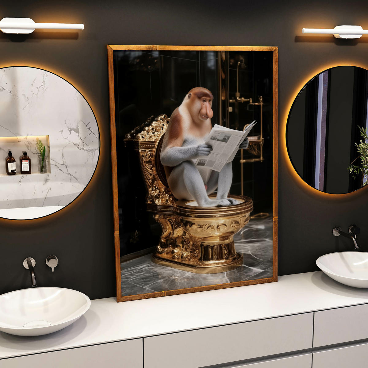 POSTER für WC Badezimmer NASENAFFE mit einer Zeitung Goldene Toilette Abstraktion 20x30cm - Gelb/Schwarz, Papier (20/30/30cm) - Muralo