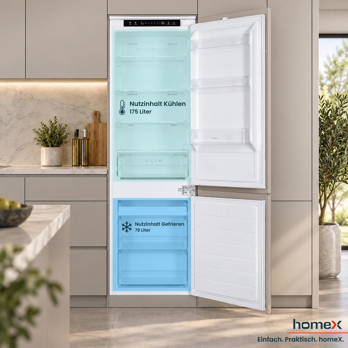 KÜHL-GEFRIER-KOMBINATION CFBN2531E, Einbaugerät, No Frost, 178cm hoch, 253 Liter, Schlepptürtechnik, Einbaukühlschrank mit Gefrierfach, 37 dB - Weiß, Glas/Kunststoff (54/178.6/54cm) - homeX