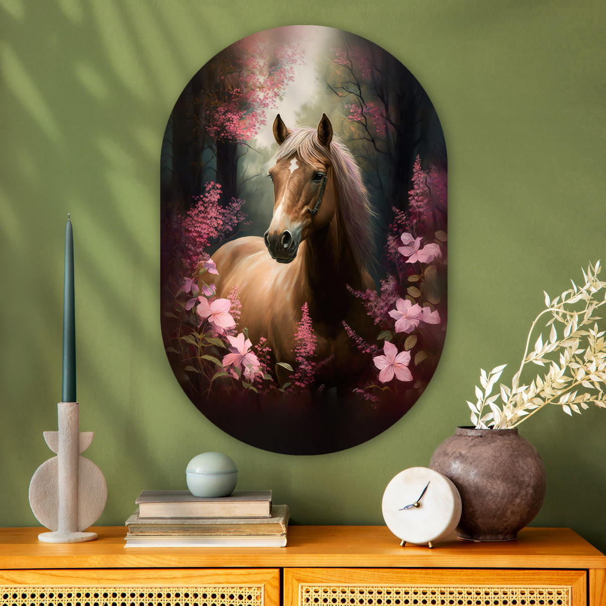 WANDBILD Pferd - Blumen - Rosa - Natur - Wald 60x90 cm - Altrosa, Kunststoff (60/90cm) - MuchoWow