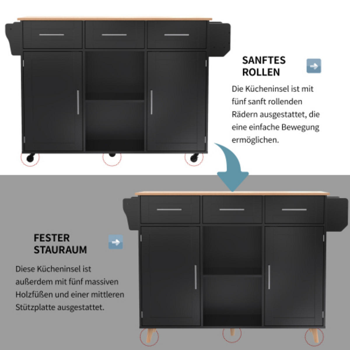 KÜCHENINSEL schwarz aus MDF mit klappbarer Erweiterungsplatte 139 × 46 × 91,5 cm - Schwarz, Holzwerkstoff (139/91.5/71cm) - Luhomfu