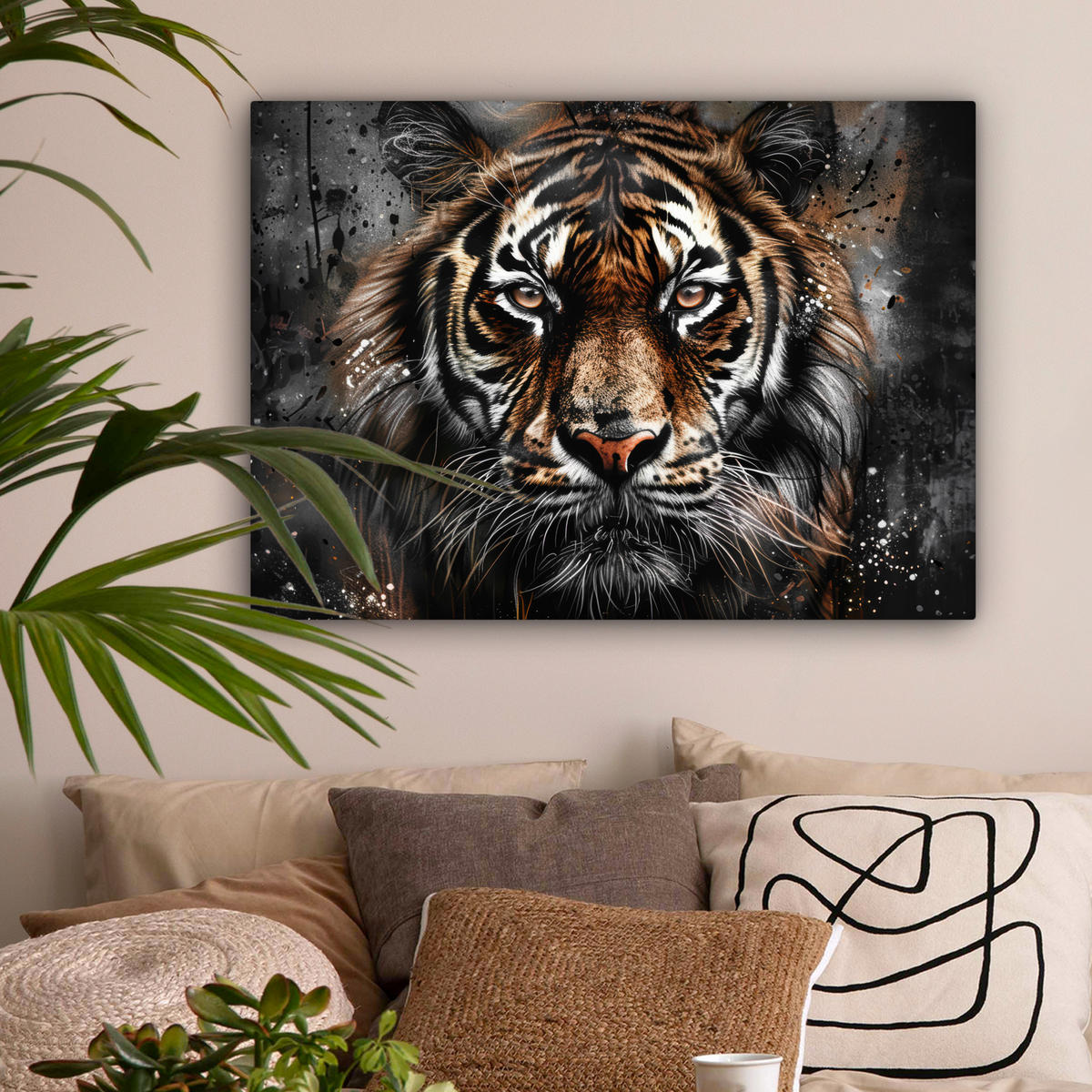 OBRAZ NA PLÁTNĚ Tygr - Zvířata - Portrét - Luxusní - Černá 80x60 cm - antracitová, textil (80/60cm) - MuchoWow