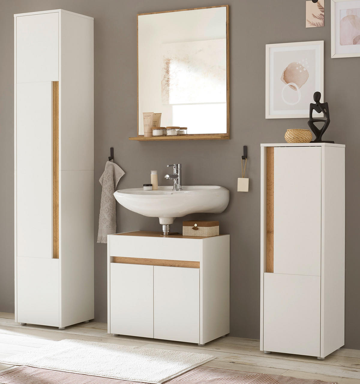 BADMÖBEL-SET 4-teilig weiß, Wotan Eiche, Badkombination 168 cm - Silberfarben/Eiche Wotan, Glas/Holz (171/200/34cm) - Furn.Design