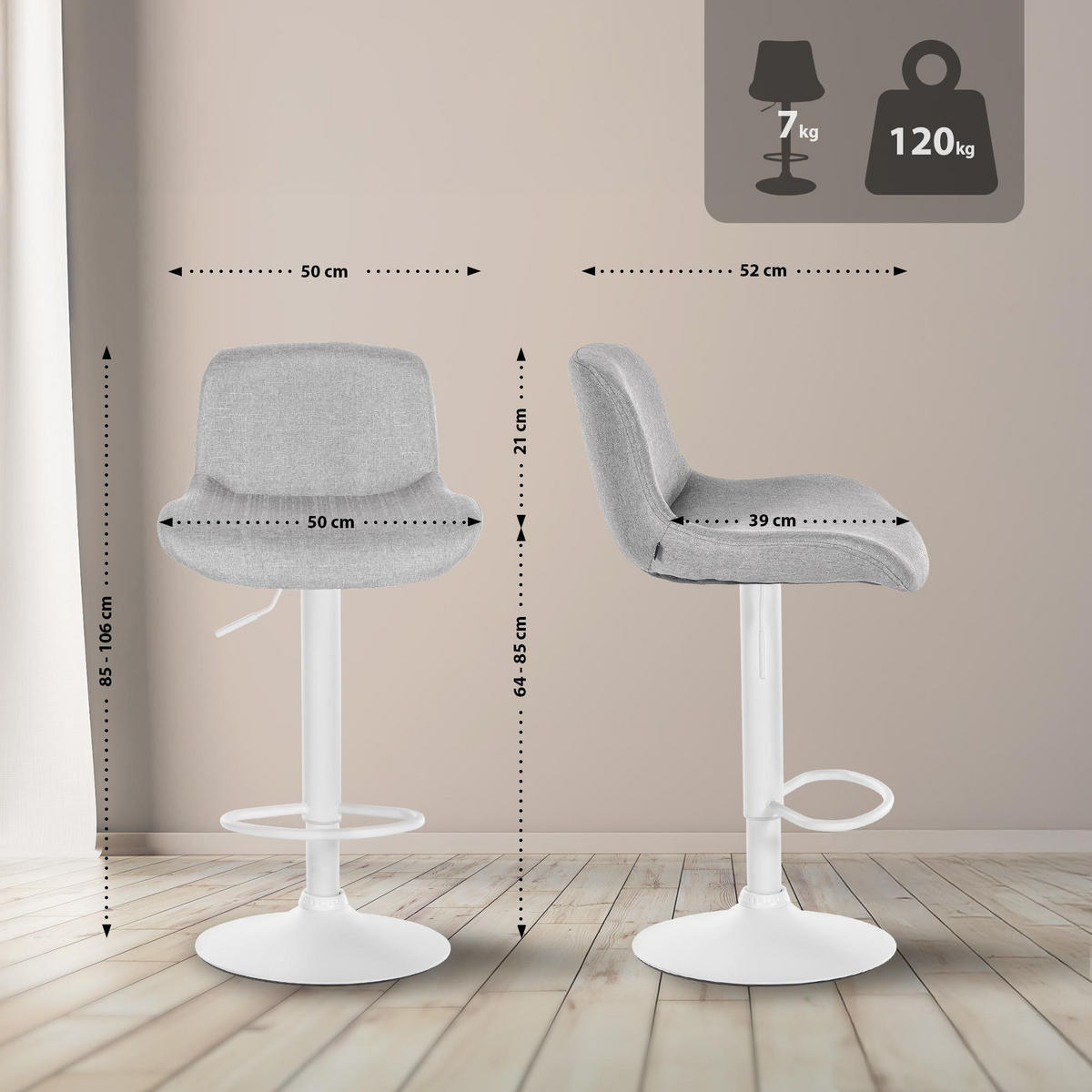 BARHOCKER Stoff hellgrau - Hellgrau/Weiß, Textil/Metall (50/85/50cm) - CLP