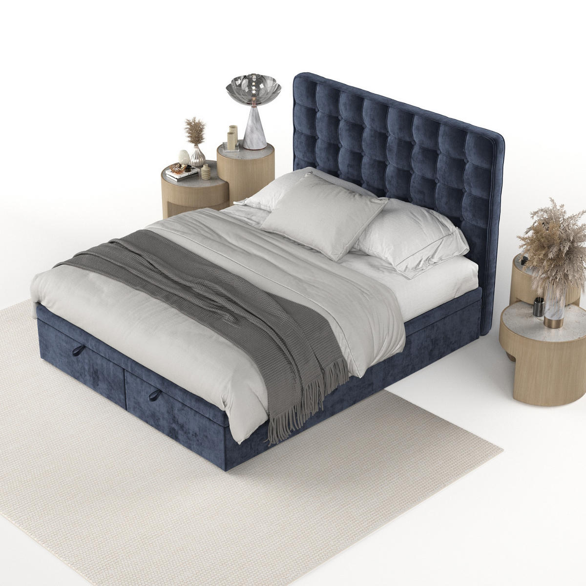POLSTERBETT Celestia mit Stauraum 140/200 cm Marineblau im Lotta Stoff - Schwarz/Dunkelblau, Holz/Holzwerkstoff (140/200cm) - AltaBeds