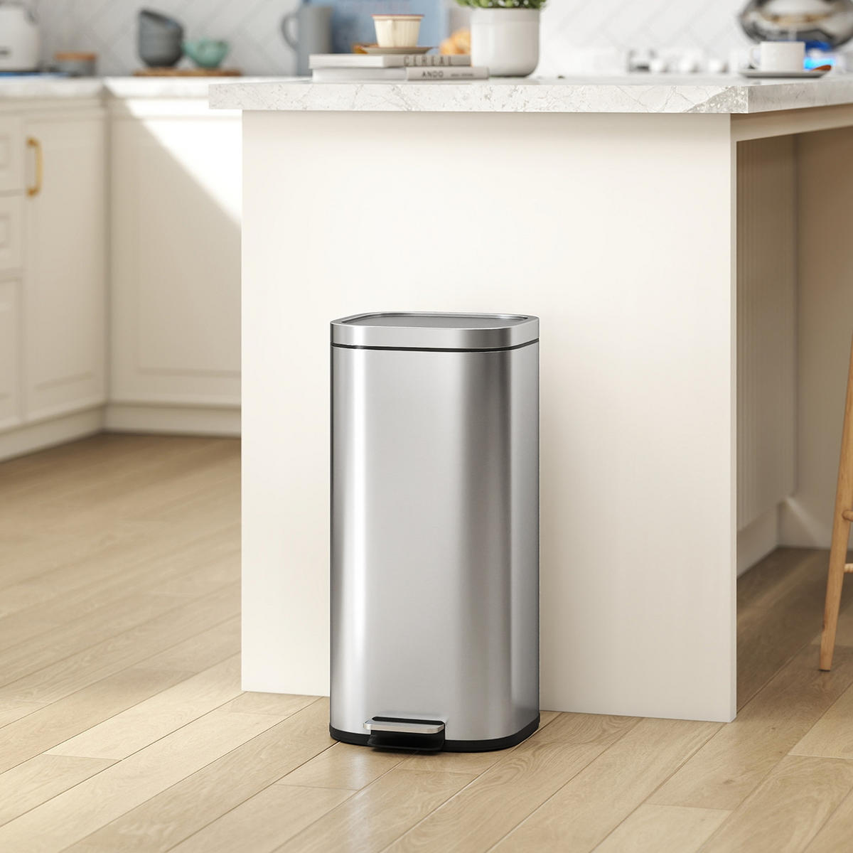 MÜLLEIMER Küche 30L 29/36/59,5 cm Metall Silber MIT SOFT-CLOSE-DECKEL Treteimer für Haushalt - Silberfarben, Metall (36/59.5/29cm) - Rolipo