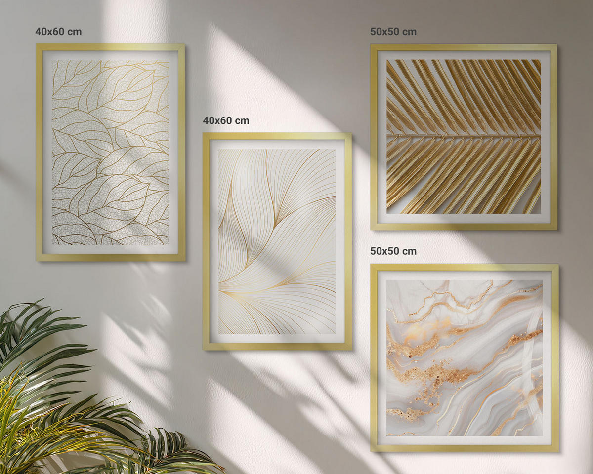 BILDER SET 4er Set - 50x50 cm & 40x60 cm Goldrahmen - Blattmuster Marmor abstrakt - Goldfarben, Kunststoff (50/50cm) - TULUP