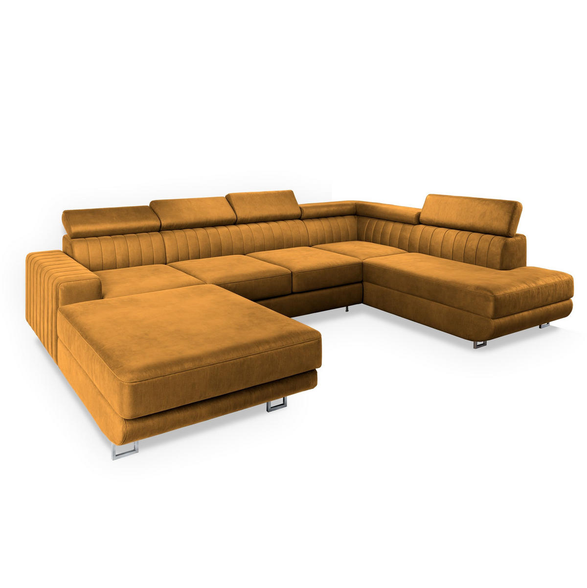 WOHNLANDSCHAFT SIENA R-S Gelb Velours-Stoff mit Schlaffunktion - Gelb, Holz (335/89/190cm) - MASSENO