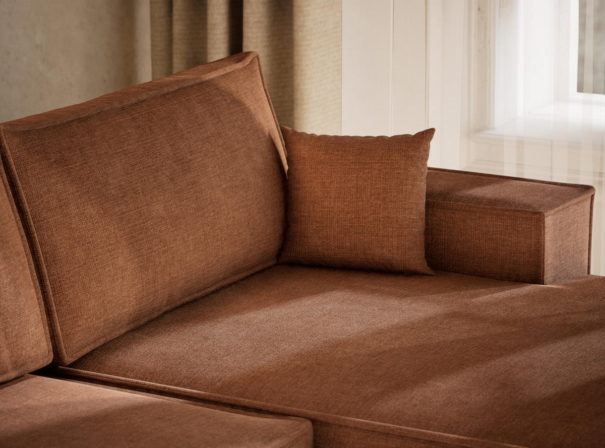 WOHNLANDSCHAFT Kyoto Hellbraun Chenille-Stoff - Hellbraun/Schwarz, Holz/Holzwerkstoff (398/70/148cm) - Maison de Reve