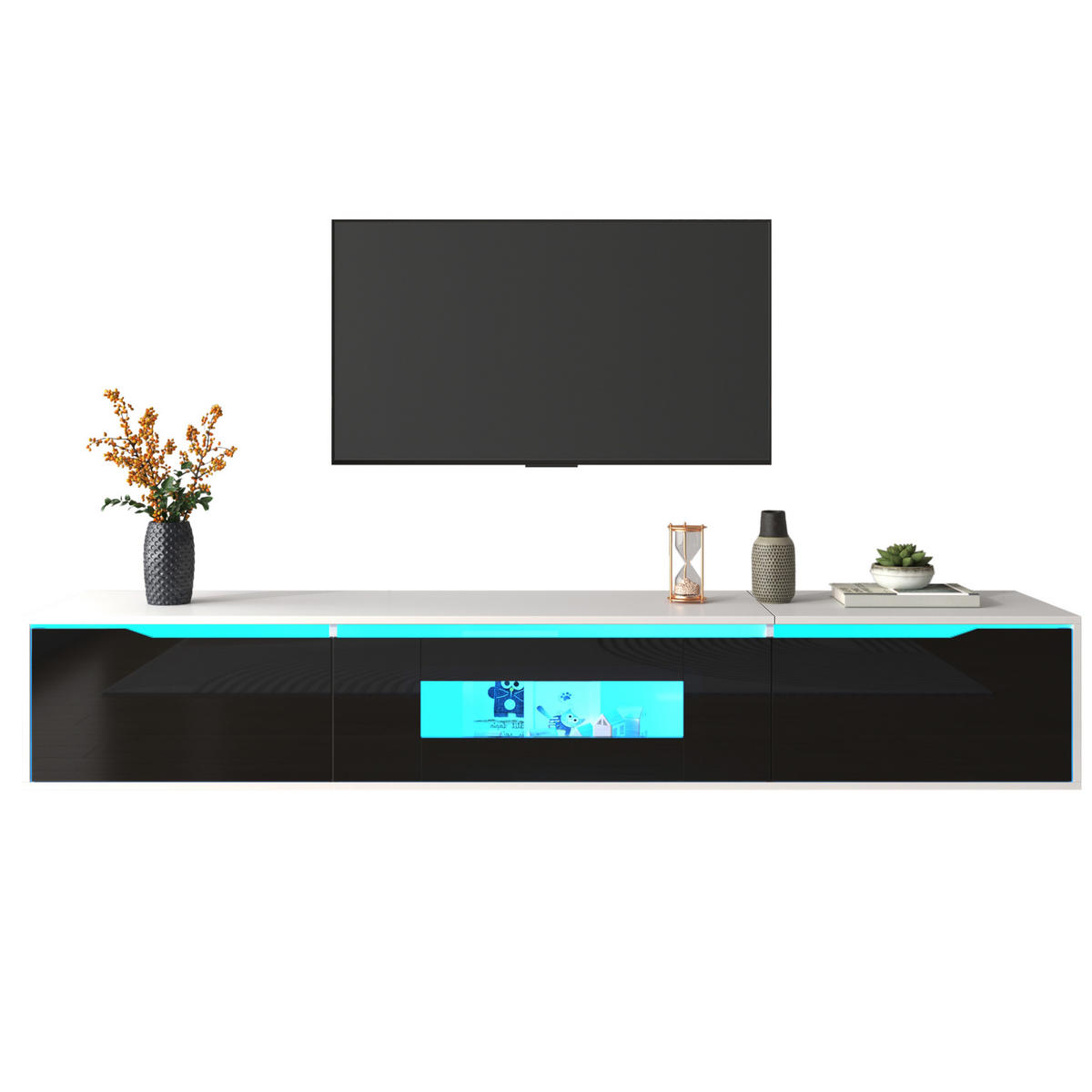 LOWBOARD 180/35/30 cm aus Holzwerkstoff mit LED-Beleuchtung und geriffelten Fronten Weiß/Schwarz - Schwarz, Holzwerkstoff (180/35/30cm) - Modenvie