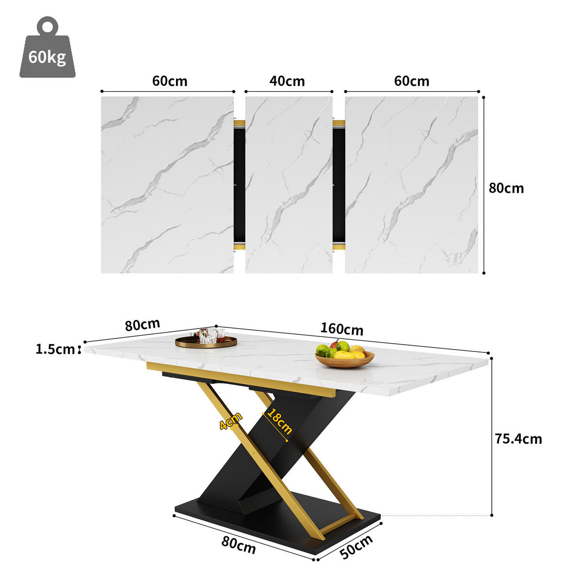 ESSTISCH 120-160x80x75 cm in Weiß Gold Schwarz aus MDF mit Marmoroptik auf schwarzen Kreuzbeinen ausziehbar - Weiß, Holzwerkstoff (160/80/75.4cm) - Modfu